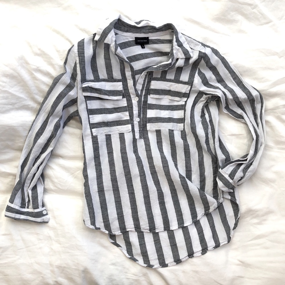 White & Gray Striped Partial Button Down Top